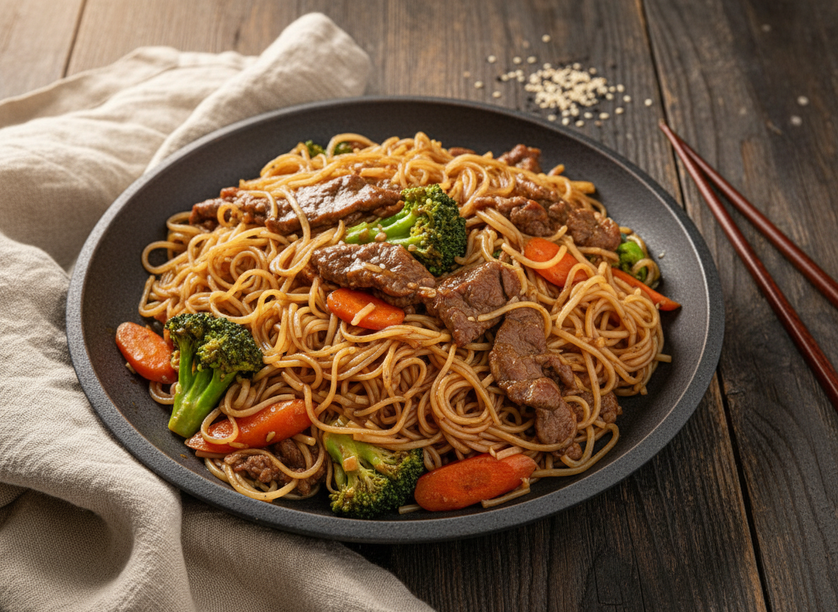 Beef and broccoli noodles with carrot pieces in a dark bowl on a dark wooden surface, with a light linen napkin and chopsticks.