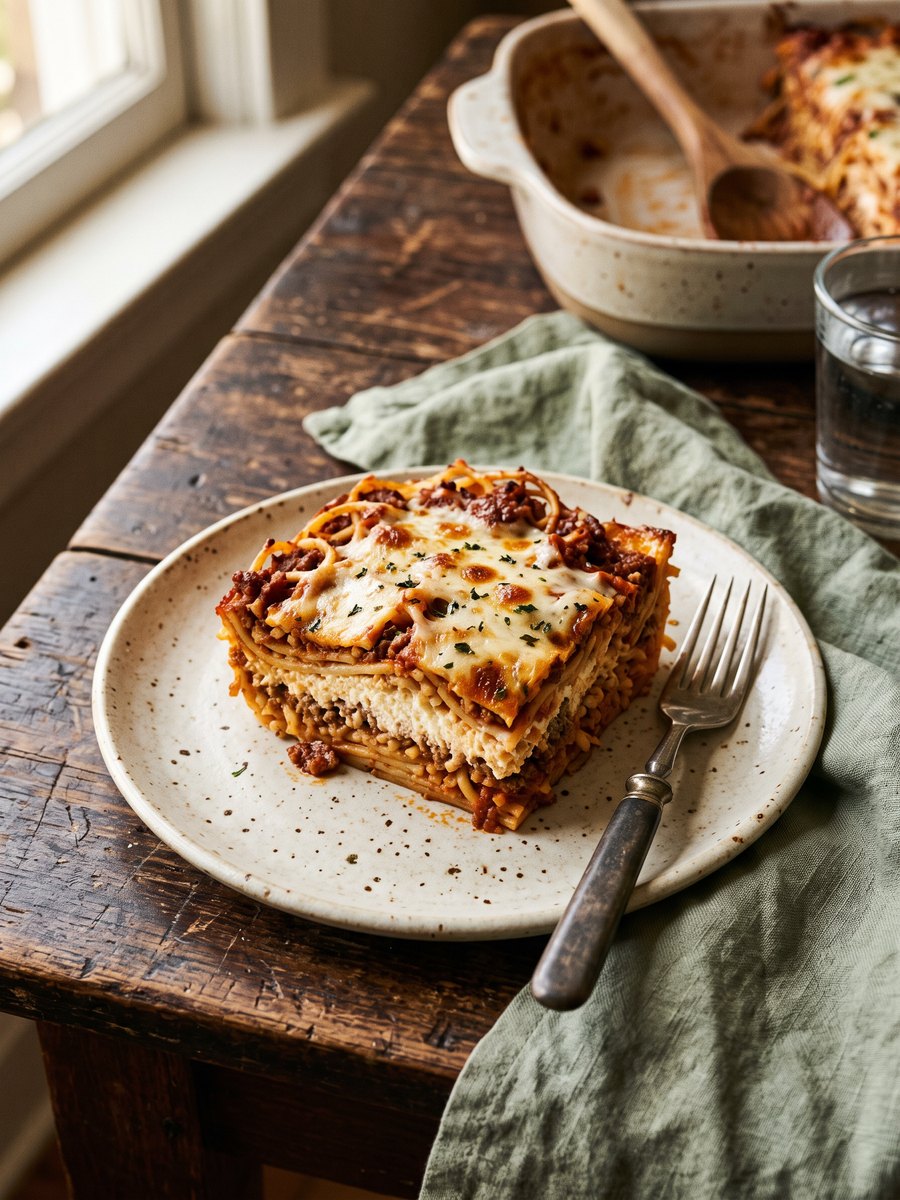 A square slice of baked spaghetti showing distinct layers of pasta, ricotta, and meat sauce, served on a white ceramic plate.