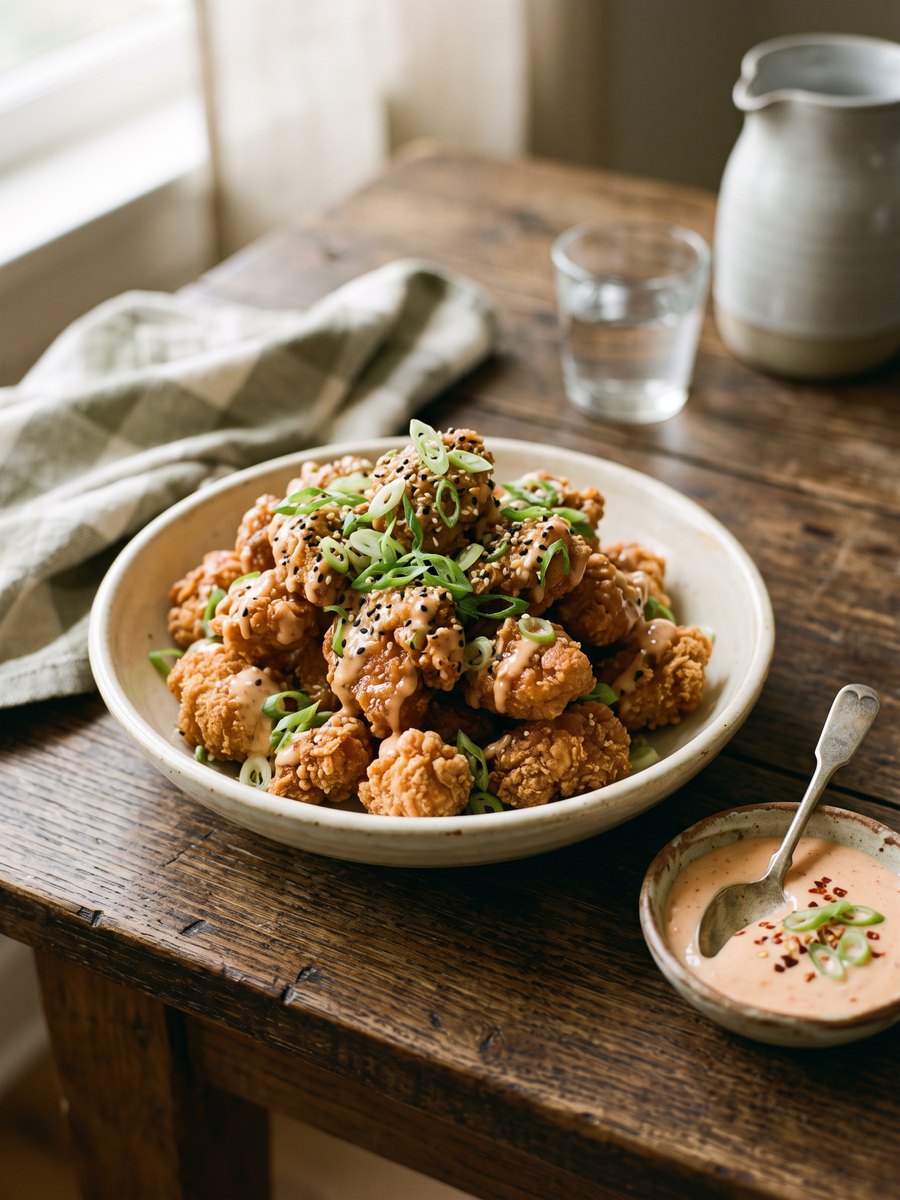 Crispy golden chicken pieces coated in a creamy pale orange sauce, garnished with sliced green onions, served in a shallow ceramic bowl on a wooden table.