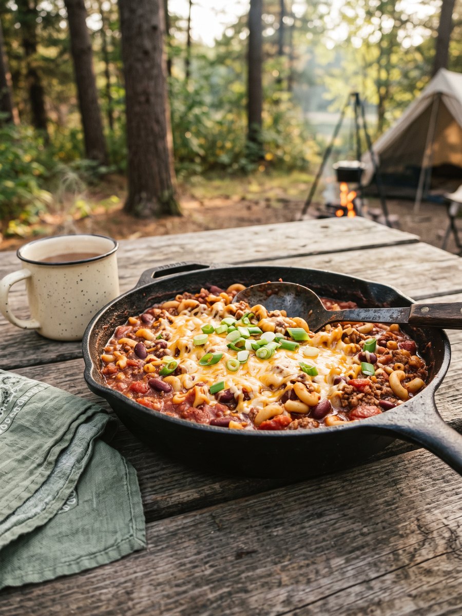 A large cast iron skillet filled with bubbling chili mac, topped with melted cheddar cheese and sliced jalapeños, resting on a wooden picnic table.