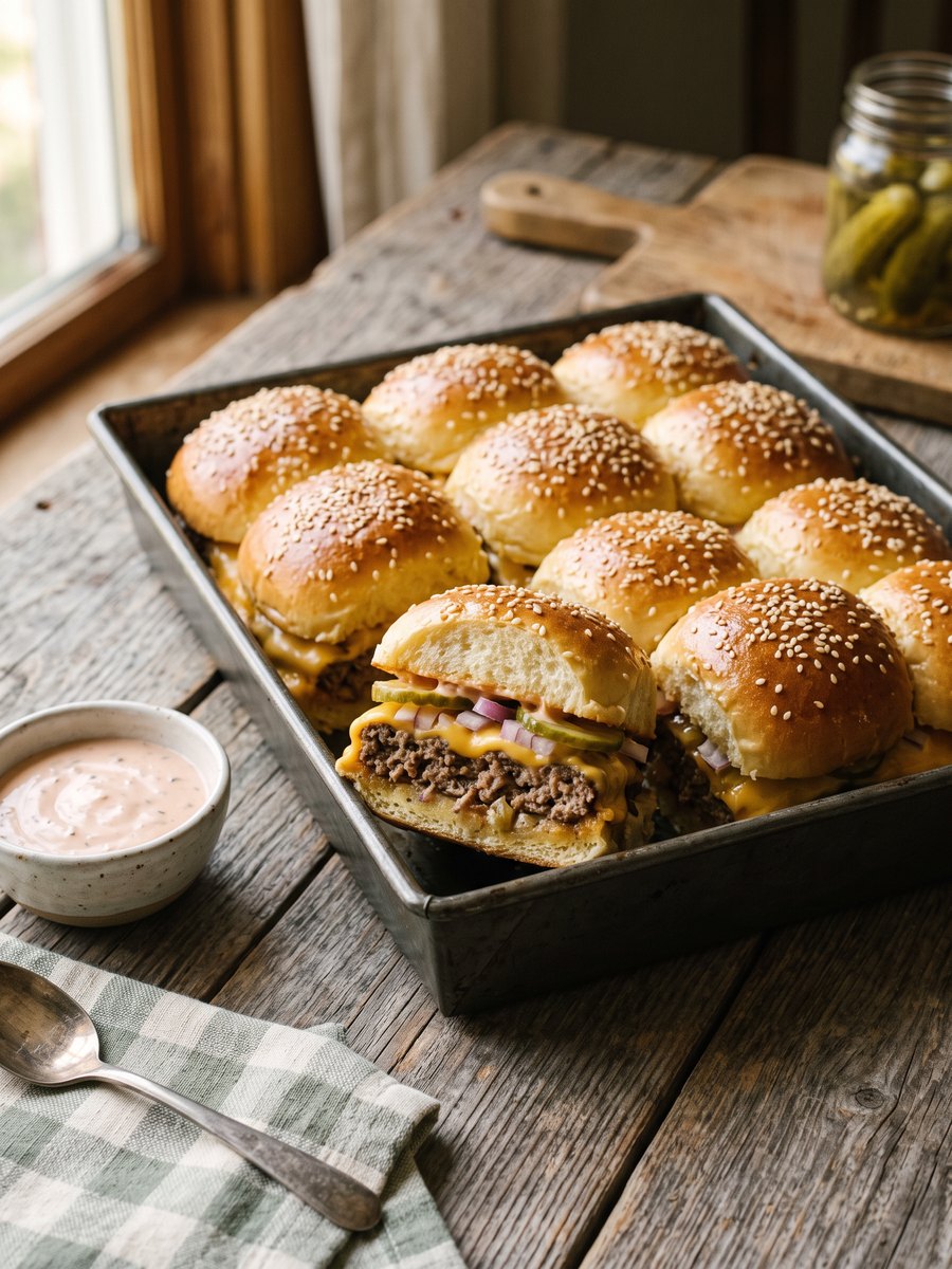 A 9x13 metal baking pan holding twelve connected baked sliders with melted cheese and sesame seed buns, resting on a wooden cutting board.
