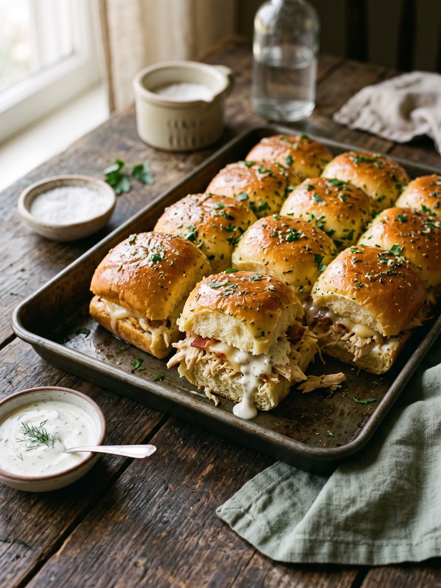 A 9x13 metal baking pan holding twelve pull-apart chicken and bacon sliders on sweet rolls, resting on a wooden board.
