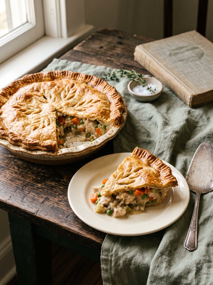 A golden brown double-crust chicken pot pie in a white ceramic pie dish, with a slice removed to show the thick filling.