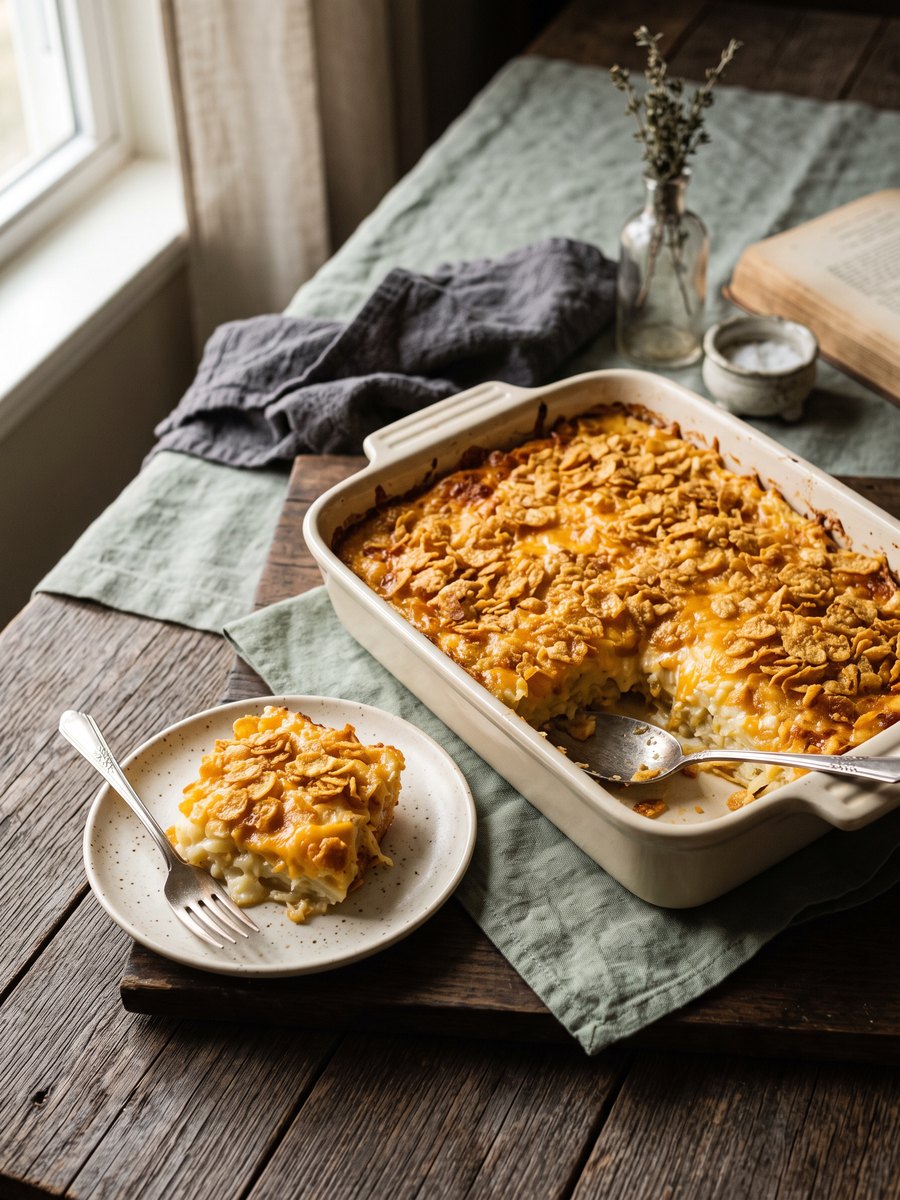 A rectangular ceramic baking dish filled with baked shredded potatoes and melted cheddar cheese, resting on a wooden trivet.